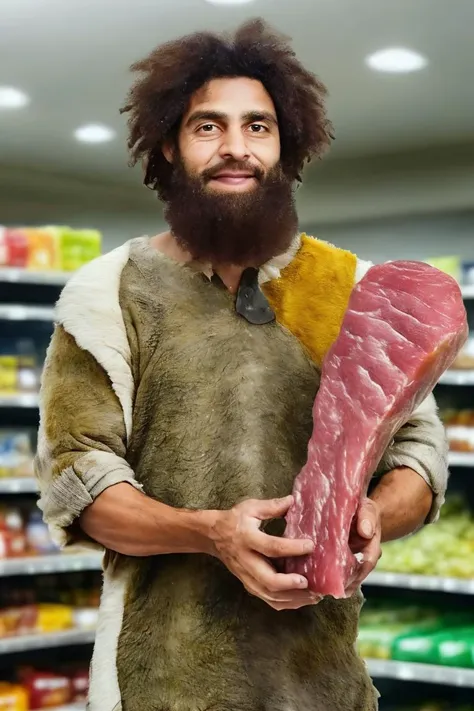medium shot realistic photo of stone_man, a man in the supermarket, wild hair, holding a raw meat, highly detailed, 8k, photorealistic, flash lighting, candid, <lora:stoneage_man_l9ra:0.85>
