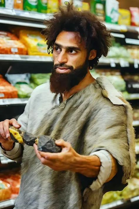 medium shot realistic photo of stone_man, a man in the supermarket, wild hair, holding a raw meat, highly detailed, 8k, photorealistic, flash lighting, candid, <lora:stoneage_man_l9ra:0.85>