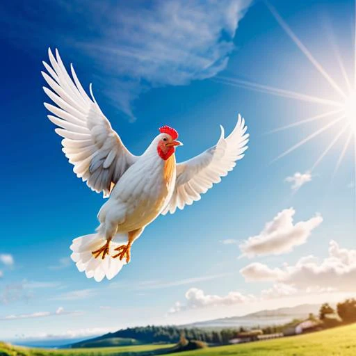 ultra detailed, sharp focus, best quality, hyper realistic, masterpiece, colorful, Light blue chicken, flying chicken, sunny sky background, lens flare, high quality
