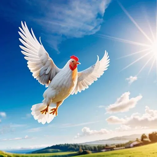ultra detailed, sharp focus, best quality, hyper realistic, masterpiece, colorful, Light blue chicken, flying chicken, sunny sky background, lens flare, high quality