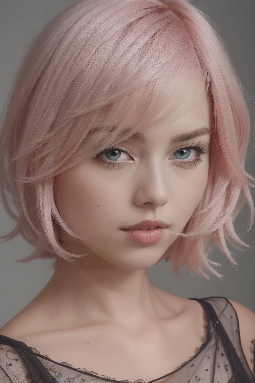 beautiful girl, woman, solo, sexy body, (cute:1.3), (([Pastel pink hair], [modern shag], [layered dress])), realistic, (cute), (detailed face), detailed eyes, detailed iris, upper body