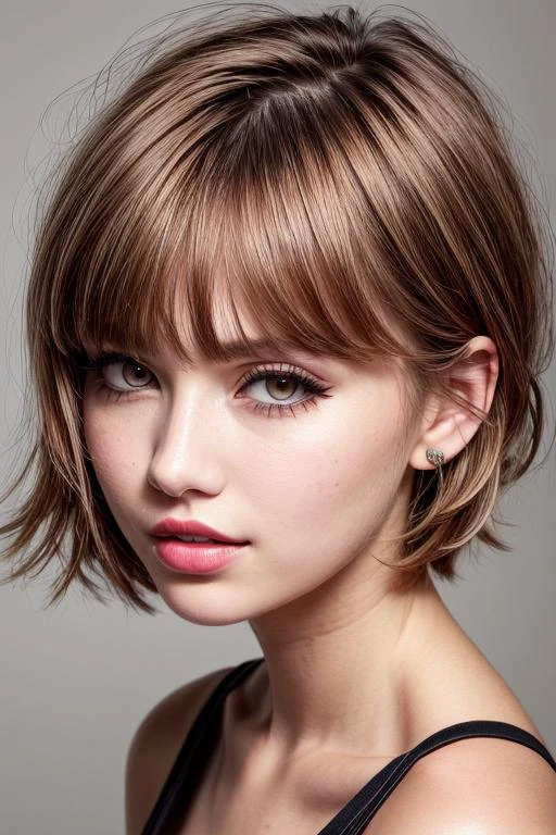 18 years old girl, beautiful woman, (cute:1.3), (([Red hair], [pixie cut with bangs], [halter])), lips, realistic, narrow waist, colorful makeup, long eyelashes, pale skin, (cute), (detailed face), (detailed teeth), (detailed eyes), (detailed iris),,   <lora:add_detail:0.5> <lora:more_details:0.5> <lora:epiNoiseoffset_v2Pynoise:1>