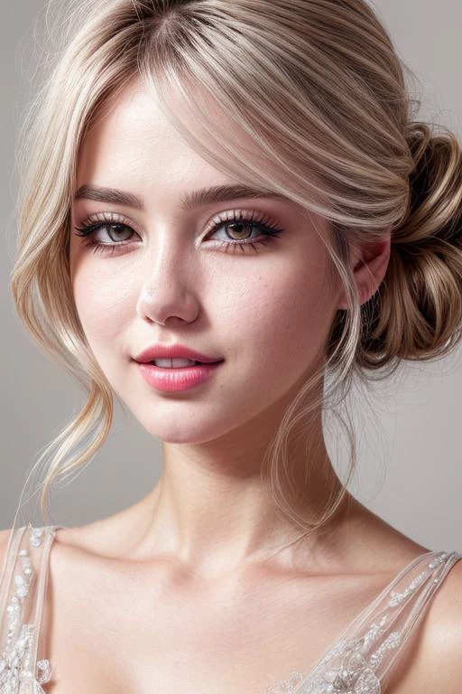 18 years old girl, beautiful woman, (cute:1.3), (([Gray hair], [updo], [gown])), lips, realistic, narrow waist, colorful makeup, long eyelashes, pale skin, (cute), (detailed face), (detailed teeth), (detailed eyes), (detailed iris),,   <lora:add_detail:0.5> <lora:more_details:0.5> <lora:epiNoiseoffset_v2Pynoise:1>