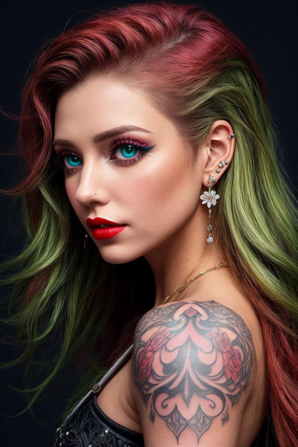 DigiArt Style, 1girl, solo, looking at viewer, long hair, monochrome, greyscale, earrings, red lips, BREAK, deep green eyes, petals, eyelashes, shoulder tattoo, makeup, watermark, piercing, ear piercing, portrait,, <lora:add_detail:0.5> <lora:background_detail_enhanced_simplified:0.8> <lora:more_details:0.5> <lora:colorify:1>