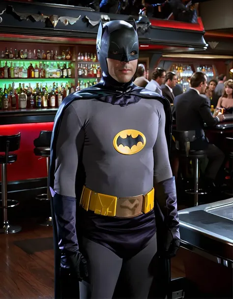 a photo of b4tm4n man, medium shot, at the bar, crowded singles bar in the background, batmobile <lora:b4tm4n-v2:0.65>, high resolution, beautiful, highest quality, masterpiece, highly detailed, bokeh