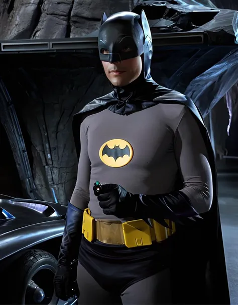 a photo of b4tm4n man, medium shot, batcave in background, batmobile <lora:b4tm4n-v2:0.65>, high resolution, beautiful, highest quality, masterpiece, highly detailed