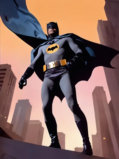 illustration of b4tm4n man, medium shot, from below, superhero pose, background of 1960s retro futurist city, sunset, earthly tones, frazetta, moebius, manara, niji style <lora:b4tm4n-v2-000005:0.6>