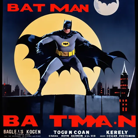 (style of vintage action movie poster:1), b4tm4n man, medium shot, hero pose, background of 1930s city, backlighting, giant full moon, nightime<lora:b4tm4n-v2-000005:0.6>, (red text "batman":1.5)