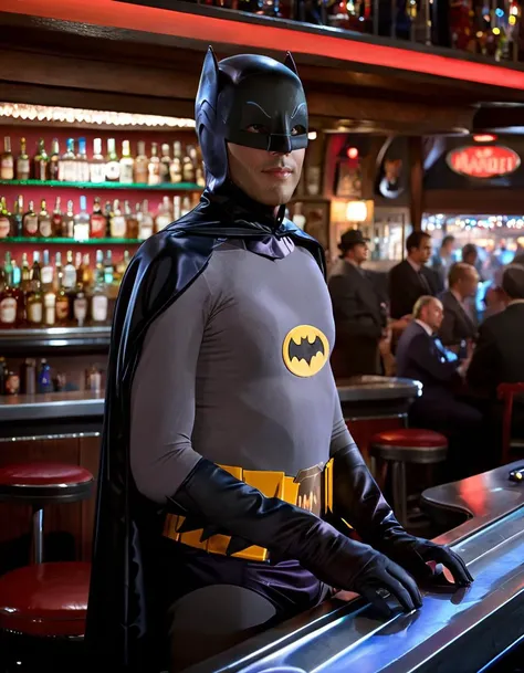 a photo of b4tm4n man, medium shot, at the bar, crowded singles bar in the background, batmobile <lora:b4tm4n-v2:0.65>, high resolution, beautiful, highest quality, masterpiece, highly detailed, bokeh