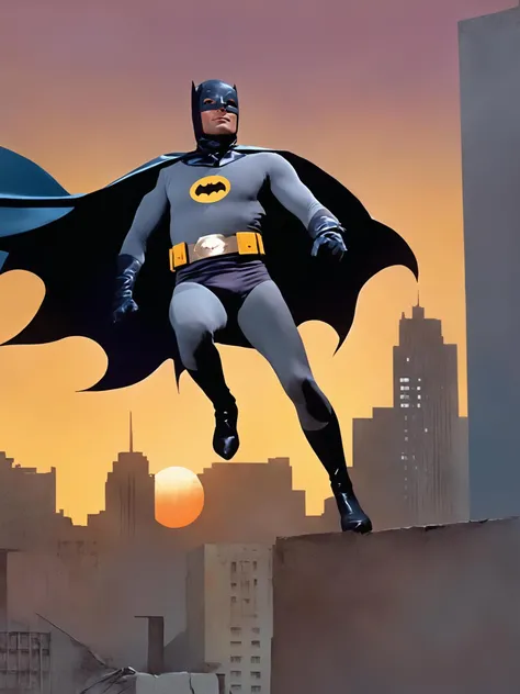 illustration of b4tm4n man, medium shot, from below, superhero pose, background of 1960s retro futurist city, sunset, earthly tones, frazetta, moebius, manara, niji style <lora:b4tm4n-v2-000005:0.6>