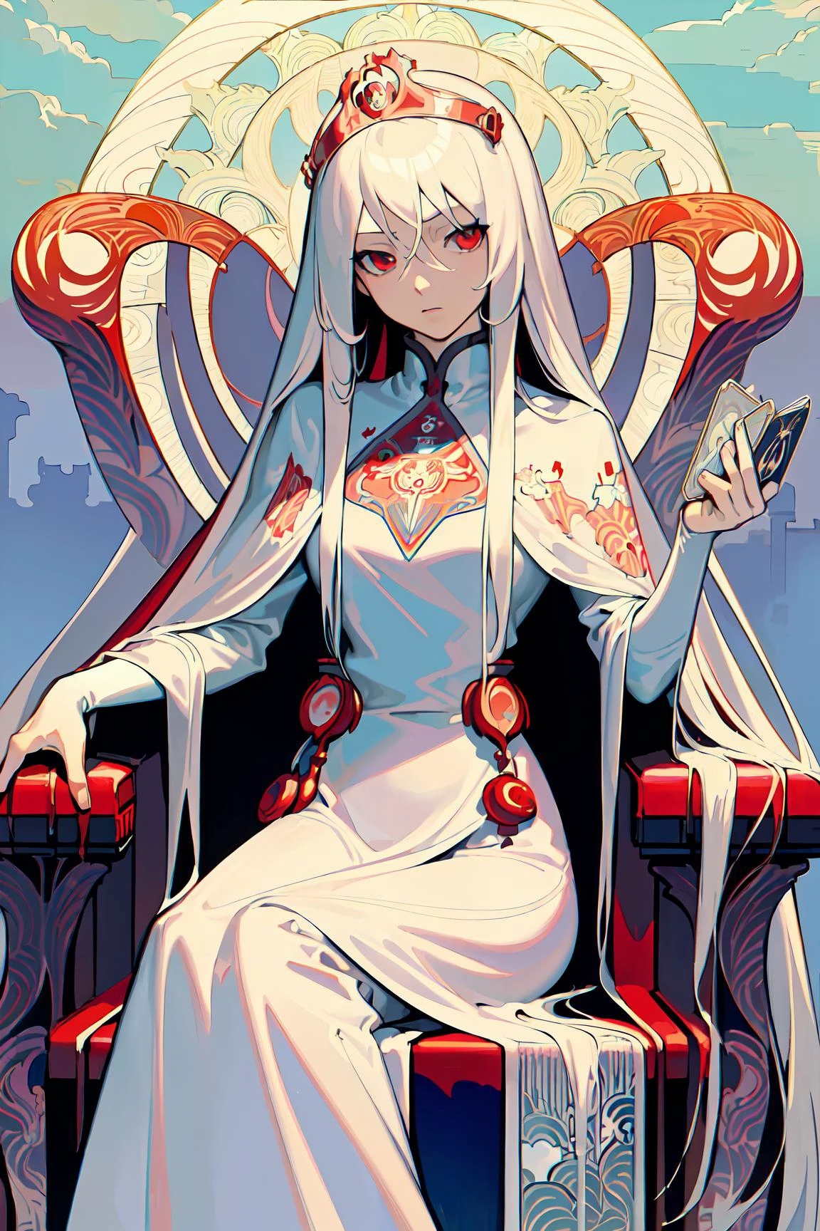 ((masterpiece:1.2, best quality)), 1aldy, solo, (the empress:1.15), platinum blonde, long hair, red cape, white dress, queen dress, aurora, (sunshine, sky, river, forest), expressionless, red eyes, very long hair, (art nouveau:1.4), (tarot:1.3), alphonse mucha, sit, (red throne:1.1), silver tiara