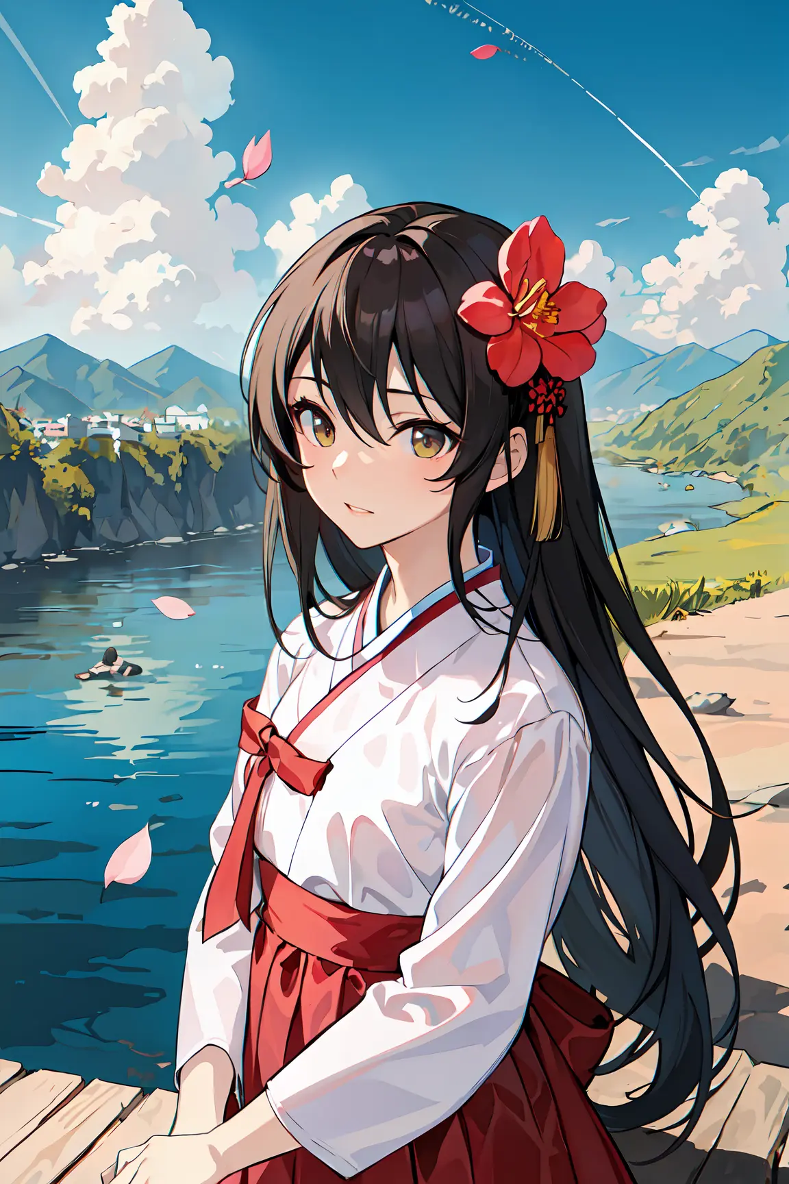 (masterpiece:1.2, best quality), 1lady, solo, <lora:Hanbok_LoRA_V2:0.5>, hanbok, korean traditional clothes, (apricot blossom:1.1), Fluttering flowers, black hair, (sky, river, cliff), sit on wood, upper body