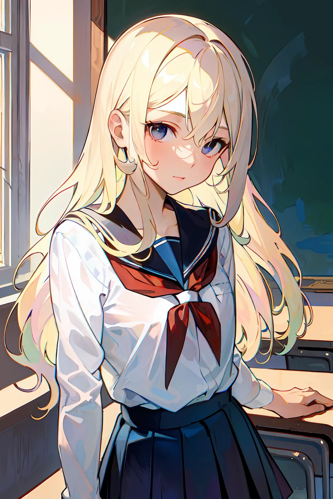 ((masterpiece:1.2, best quality)), 1aldy, solo, (school uniform), platinum blonde, long hair, (Alphonse Mucha:1.1)