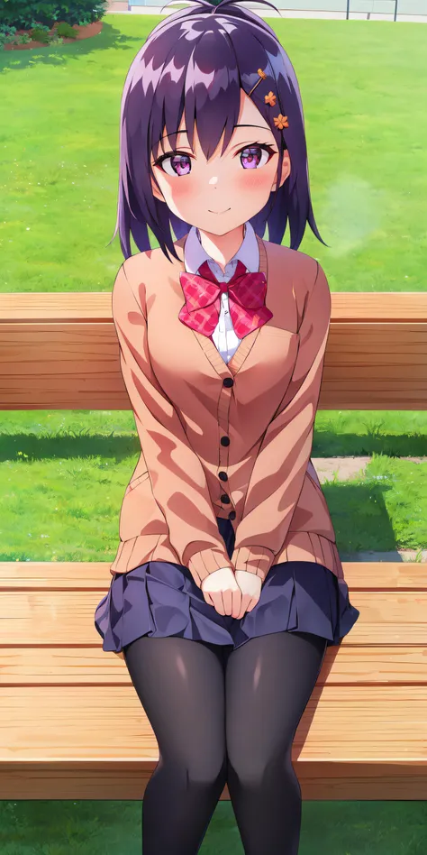 (extremely detailed CG unity 8k wallpaper), (masterpiece), (best quality), (ultra-detailed), (best illustration), (best shadow), (absurdres), 1girl, solo, <lora:vigne:0.8>, vignette april tsukinose, school uniform, cardigan, looking at viewer, smile, v arms, sitting on bench, park , grass, flower field