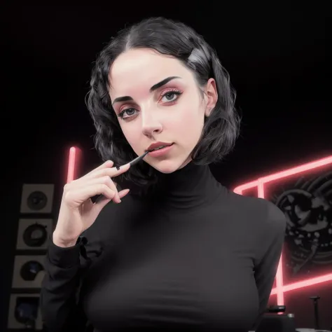 1girl, <lora:susuJpg_V2:1.6> 8k, HDR extreme quality professional photo, a photorealistic close up of a woman wearing a tight turtleneck , twitch streamer, beautiful girl, short straight hair, with a large breasts, cute top, (cute:2), online, live, (dark brown eyes), black hair, best quality, crazy toothy smirk, head and torso picture, nikon d850 film stock photograph 4 kodak 400 camera f1.6 lens rich colors hyper realistic lifelike texture natural lighting trending on artstation cinestill 800, (100mm lens), crazy eyes, goth, Latina,