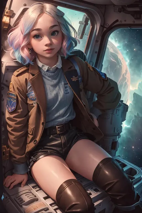 RAW photo of (adult:1.3), 3nid_14, woman (smiling:0.8), as a adventurer, dressed in military outfit, in space exploration, (high detailed skin:1.2), 8k uhd, dslr, soft lighting, high quality, film grain, Fujifilm XT3.<lyco:GoodHands-beta2:1>, <lora:COOLKIDS_MERGE_V2.5:0.5>