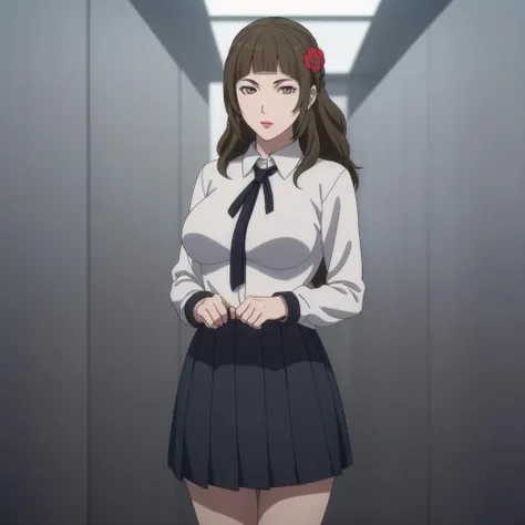 masterpiece, best quality(masterpiece), (best quality), highly detailed, extremely detailed CG unity 8k wallpaper,highres,(alley:1.3),(crowd),faceless male,1girl, breasts, nipples, solo, long hair, large breasts, skirt, realistic, looking at viewer, brown eyes, shirt, lips, brown hair, standing, holding, white skirt, hair ornament, clothes lift, hair flower, flower, long sleeves, white shirt <lora:caixukun_v133:0.6>
