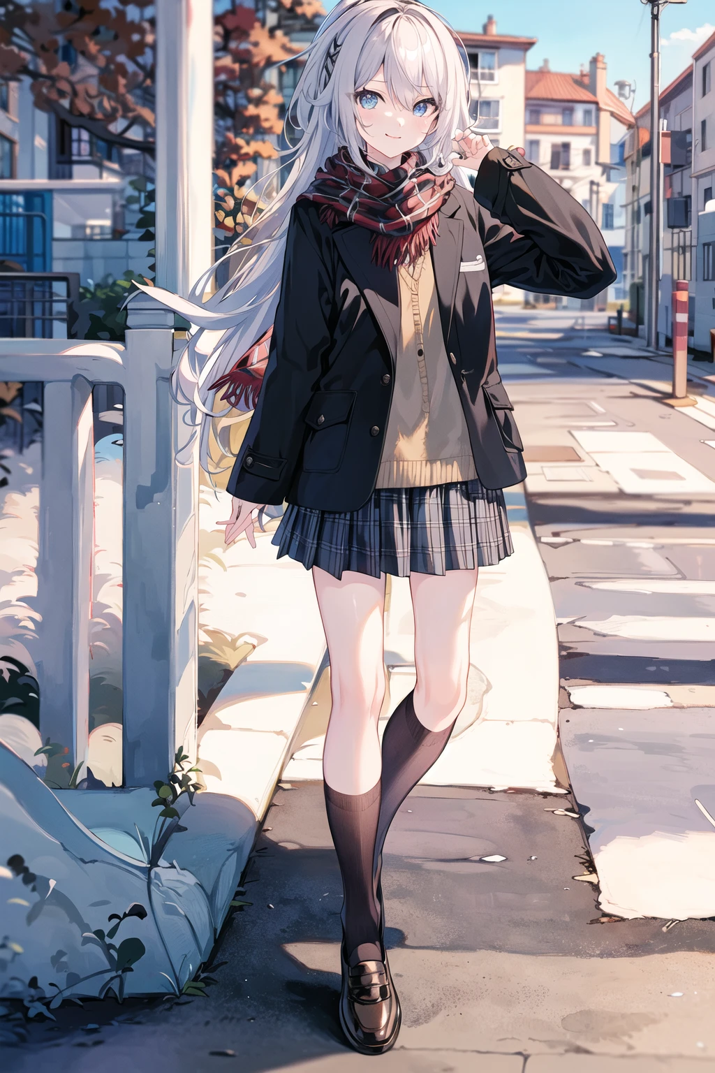 (((masterpiece))),(((best quality))),(((extremely detailed))),illustration,
1girl,solo,mysterious,vivid color,shiny,
Picnic,random food,expression,random actions,standing,
Kiana,
skirt, blue eyes, scarf, jacket, full body, plaid, socks, looking at viewer, school uniform, outdoors, shoes, smile, kneehighs, closed mouth, sweater, long sleeves, railing, open clothes, black socks, hair ornament, red scarf, plaid scarf, pleated skirt, brown footwear, blue skirt, black jacket, blurry, black footwear, open jacket, miniskirt,
<lora:KianaT:0.9>