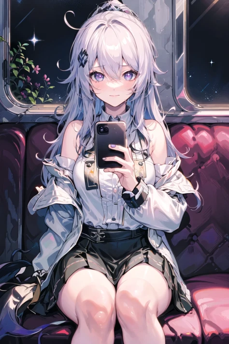(((masterpiece))),(((best quality))),(((extremely detailed))),illustration,
1girl,solo,mysterious,vivid color,shiny,
The girl sat alone on the train, gazing out at the stars. She felt a sense of freedom as the train traveled through the endless expanse of space.Picnic,random food,
Kiana,
blue eyes, hair ornament, sleeveless, purple eyes,ahoge,
bare shoulders, closed mouth,
jacket,long sleeves, skirt,black jacket,white shirt, shirt, white skirt, drill hair, hood, selfie, polo shirt, collared shirt,
<lora:Kiana:0.7>