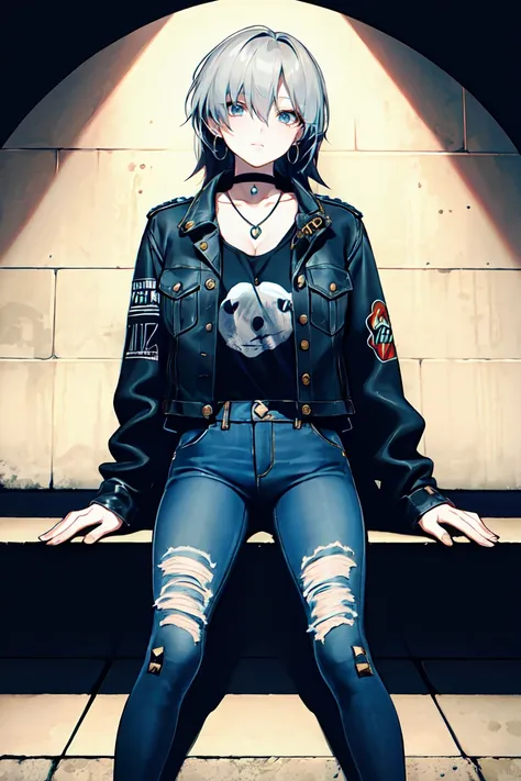 (masterpiece:1.2, best quality), 1lady, solo, upper body, Hair: buzz cut, Clothing: oversized, distressed denim jacket with patches and pins, paired with black skinny jeans and combat boots, Accessories: silver hoop earrings and a black choker necklace, Hanging out in an underground music venue or street art exhibit