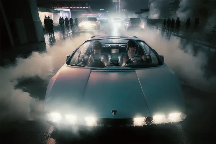 analog gloomy photo of a (Lamborghini Marzal car, <lora:l4mb0m4rz4l:1>), (speeding in a crowded avenue at night), (heavy rain), (neon signs:1.3), ((cyberpunk)), ((nighttime)), High Detail, Sharp focus, ((photorealism)), realistic, best quality, 8k, award winning, dramatic lighting, epic, cinematic, masterpiece, depth of field, volumetric lights, (ambient fog:1.3), dutch angle, rim light, wide angle lens, steam,