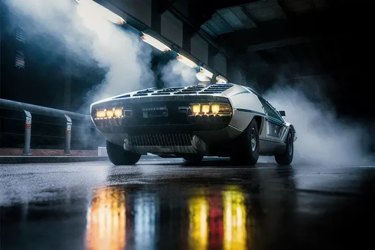 analog gloomy photo of a (Lamborghini Marzal car, <lora:l4mb0m4rz4l:0.8>), from behind, (speeding in a city avenue at night), (heavy rain), (neon signs:1.3), ((cyberpunk)), ((nighttime)), High Detail, Sharp focus, ((photorealism)), realistic, best quality, 8k, award winning, dramatic lighting, epic, cinematic, masterpiece, depth of field, volumetric lights, (ambient fog:1.3), dutch angle, rim light, wide angle lens, steam,