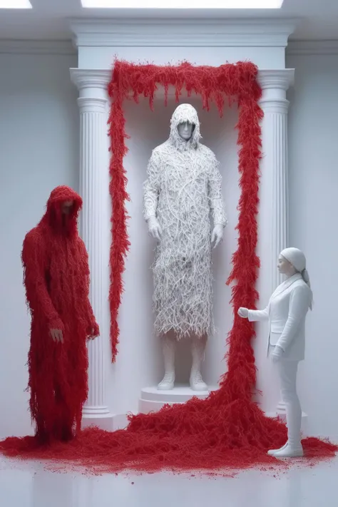 <lora:Daniel Arsham Style:1>Daniel Arsham Style - a man in a ghillie suit made of red penants in a well lit white room with a white statue of a woman