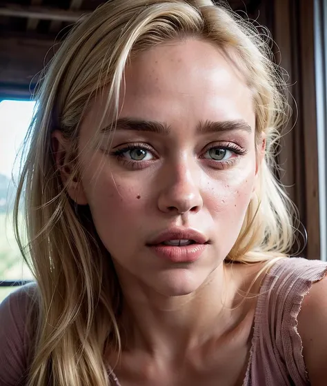 a photo of Emilia Clarke is , hair blonde, beautiful face, photo,8k,sharp focus,beautiful woman,close up, pink red shirt,(detailed eyes:0.8),(looking at the camera:1.4),(highest quality),(best eyeshadow),brown eyes,rim lighting,two tone lighting,dimly lit,low key,intricate details,interior,