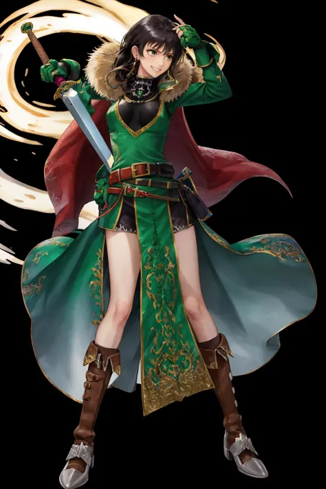 masterpiece, best quality, 1girl, solo, <lora:mareetaV1-000014:1> asc_mareeta, jewelry, belt, cape, earrings, green fingerless gloves, fur trim, gloves, knee boots, belt pouch, green dress, long sleeves, pelvic curtain, grin, fighting stance, sword, holding sword, wide stance, <lora:UnlimitedBladeWorks1.6:0.7> <lora:FEH_Concept_v2:1> (black background:1.4), simple background, full body