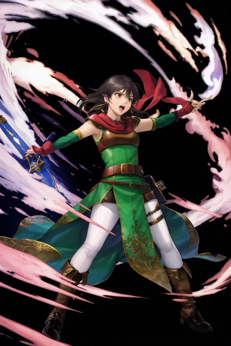 masterpiece, best quality, 1girl, solo, <lora:mareetaV1-000014:1> def_mareeta, white pants ,brown shoulder armor, red fingerless gloves, brown footwear, belt, earrings, jewelry, scarf, brown breastplate, green dress, knee boots, black elbow gloves, pauldrons, thigh strap, sleeveless, red scarf, open mouth, fighting stance, sword, holding sword, dutch angle, <lora:UnlimitedBladeWorks1.6:0.7> <lora:FEH_Concept_v2:1> (black background:1.4), simple background, full body