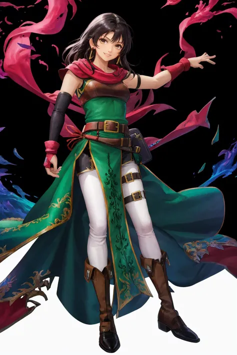 masterpiece, best quality, 1girl, solo, <lora:mareetaV1-000014:1> def_mareeta, white pants ,brown shoulder armor, red fingerless gloves, brown footwear, belt, earrings, jewelry, scarf, brown breastplate, green dress, knee boots, black elbow gloves, pauldrons, thigh strap, sleeveless, red scarf, looking at viewer, smile, arms at sides, <lora:FEH_Concept_v2:1> (black background:1.4), simple background, full body