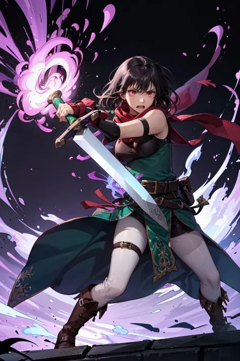 ,<lora:mareetaV1-000014:0.8>,def_mareeta,red eyes,armor,,(white pants,empty eyes,glowing eyes,angry,battle,holding_sword:1.2),(purple aura,dark persona:1.4) , shoulder armor, gloves, fingerless gloves, brown footwear, belt, earrings, jewelry, scarf, breastplate, looking at viewer, green dress, knee boots, elbow gloves, pauldrons, thigh strap, sleeveless, red scarf, red gloves,purple fire,(masterpiece, best quality, ultra-detailed, best shadow)