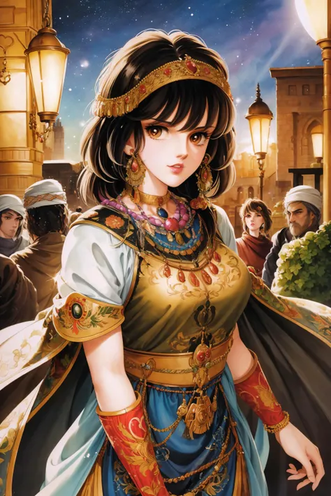 (Masterpiece, Best Quality:1.3), absurdres, (8k resolution wallpaper), retro artstyle, illustration, dynamic angle, <lora:REDRIVER-13:0.7>, (ultra-detailed portrait), (Traditional media), manga, (cowboy shot), redriver, 1girl, headband, (detailed eyes, brown eyes, detailed face:1.2), (upper body, looking at viewer), beautiful, arabian clothes, (Details:1.2), medium breasts, scenery, night, (volumetric lighting), (particles), (fantasy), 8k, (film grain), cinematic, nail polish, fingernails, sharp focus, wide shot, intricate, scenery, 8k, extremely detailed background, <lora:epiNoiseoffset_v2:0.3>, perfect composition, (colorful), vivid, shiny, full body