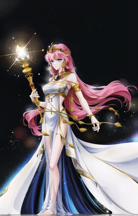 woman with long, flowing hair that radiates a bright, white light. She wears a flowing gown made of shimmering fabric that resembles stars in the night sky. Her eyes are a piercing shade of blue that sparkles like diamonds. She stands on a platform made of clouds, surrounded by an aura of warm, golden light that seems to emanate from her very being. In her hand, she holds a glowing staff that illuminates the darkness around her. The background is a celestial sky filled with stars and a crescent moon.
<lora:REDRIVER-13:0.8>
