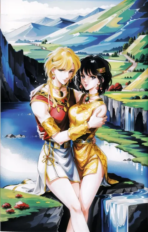 (Masterpiece, Best Quality:1.3), highres, (8k resolution wallpaper), dynamic angle, (ultra-detailed), (Traditional media), manga, retro artstyle, 1980s \(style\),,redriver, couple, hetero, 1girl, (full body, hug), lips, (black hair:1.1), short hair, (detailed eyes), perfect face, arabian clothes, jewelry, earrings, (Details:1.2), 1boy, blonde hair, depth of field, scenery, extremely detailed background, particles, (fantasy)
<lora:REDRIVER-13:0.7>