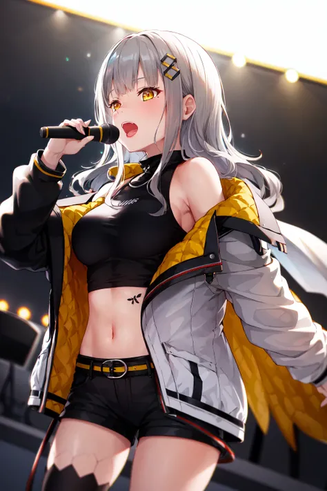 masterpiece, best quality, highres, masterpiece, best quality, highres, 1girl, solo, shorts, virtual youtuber, yellow eyes, single thighhigh, thighhighs, long hair, navel, jacket, midriff, grey hair, crop top, off shoulder, black shorts, breasts, hair ornament, black shirt, black thighhighs, short shorts, shirt, belt, open clothes, bangs, bare shoulders, black jacket, medium breasts, sleeveless, <lora:hachi_(original)_v1:0.6>, on the stage, holding microphone,