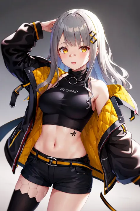 masterpiece, best quality, highres, 1girl, solo, shorts, virtual youtuber, yellow eyes, single thighhigh, thighhighs, long hair, navel, jacket, midriff, grey hair, crop top, off shoulder, black shorts, breasts, hair ornament, black shirt, black thighhighs, short shorts, shirt, belt, open clothes, bangs, bare shoulders, black jacket, medium breasts, sleeveless, <lora:hachi_(original)_v1:0.6>