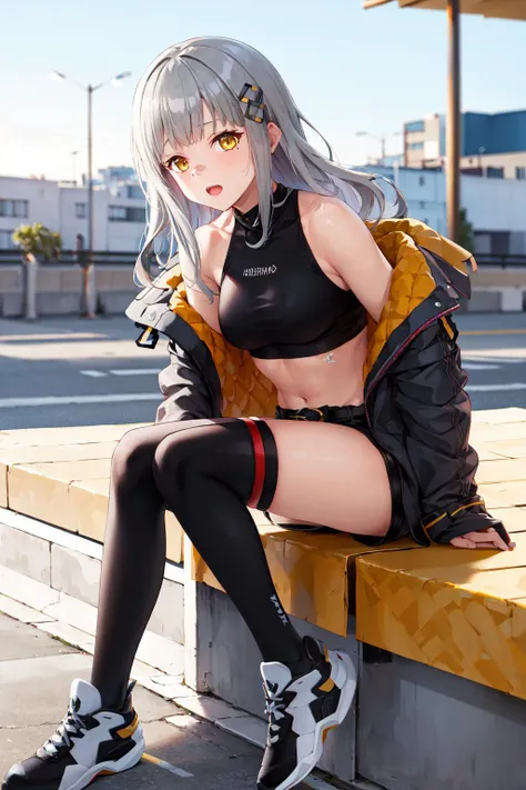 masterpiece, best quality, highres, 1girl, solo, shorts, virtual youtuber, yellow eyes, single thighhigh, thighhighs, long hair, navel, jacket, midriff, grey hair, crop top, off shoulder, sneakers, shoes, black shorts, breasts, hair ornament, black shirt, black thighhighs, short shorts, shirt, belt, open clothes, bangs, bare shoulders, black jacket, medium breasts, sleeveless, <lora:hachi_(original)_v1:0.6>