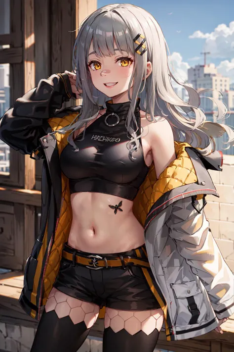 masterpiece, best quality, highres, masterpiece, best quality, highres, 1girl, solo, shorts, virtual youtuber, yellow eyes, single thighhigh, thighhighs, long hair, navel, jacket, midriff, grey hair, crop top, off shoulder, black shorts, breasts, hair ornament, black shirt, black thighhighs, short shorts, shirt, belt, open clothes, bangs, bare shoulders, black jacket, medium breasts, sleeveless, <lora:hachi_(original)_v1:0.6>, smile,