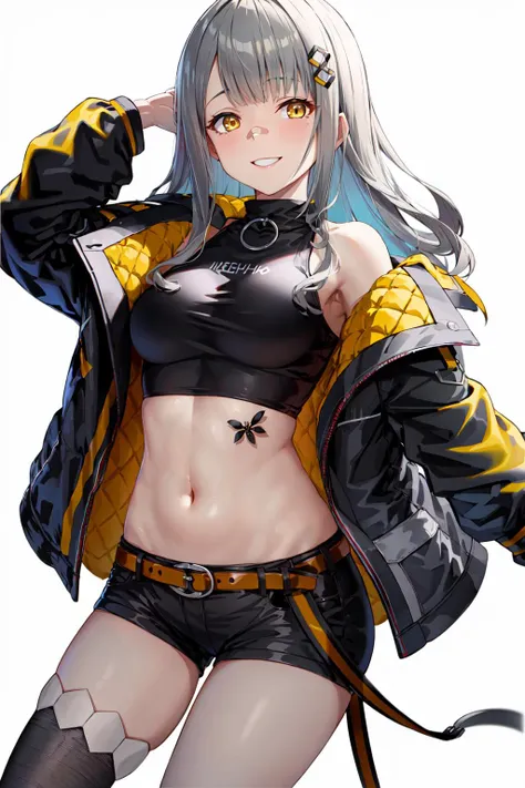 masterpiece, best quality, highres, 1girl, solo, shorts, virtual youtuber, yellow eyes, single thighhigh, thighhighs, long hair, navel, jacket, midriff, grey hair, looking at viewer, crop top, off shoulder, white background, sneakers, shoes, black shorts, smile, breasts, hair ornament, black shirt, black thighhighs, short shorts, shirt, belt, open clothes, bangs, bare shoulders, black jacket, medium breasts, sleeveless, <lora:hachi_(original)_v1:0.6>