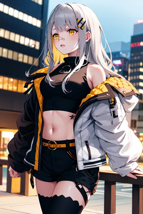 masterpiece, best quality, highres, aahachi, long hair, hair ornament, bandaid on nose, crop top, black shirt, off shoulder, tattoo, (multicolored jacket:1.1), open jacket, long sleeves, midriff, belt, (black shorts:1.1), black thighhighs, single thighhigh, <lora:hachi_v2:0.7>, cowboy shot, standing, city, night,