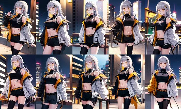 masterpiece, best quality, highres, aahachi, long hair, hair ornament, bandaid on nose, crop top, black shirt, off shoulder, tattoo, (multicolored jacket:1.1), open jacket, long sleeves, midriff, belt, (black shorts:1.1), black thighhighs, single thighhigh, <lora:hachi_v2:0.7>, cowboy shot, standing, city, night,