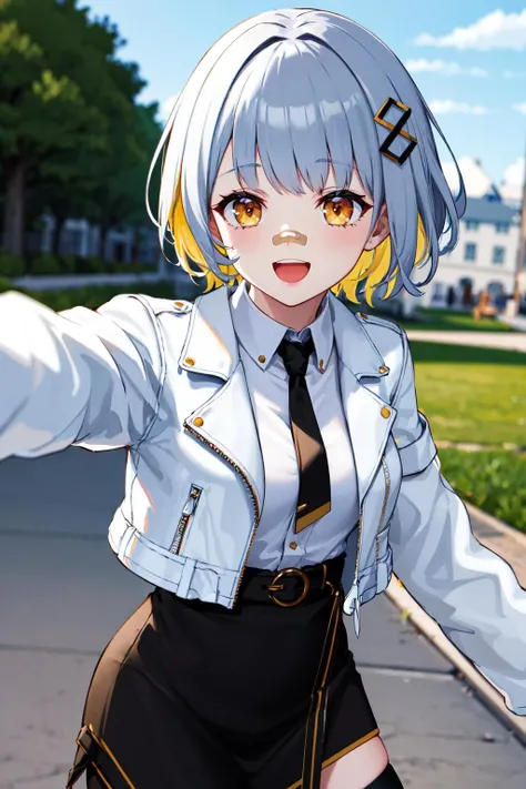 masterpiece, best quality, highres, bbhachi, short hair, multicolored hair, hair ornament, bandaid on nose, white shirt, black necktie, white jacket, open jacket, cropped jacket, long sleeves, black gloves, black skirt, high-waist skirt, belt, single thighhigh, <lora:hachi_v2:0.7>, reaching out, smile, open mouth, outdoors