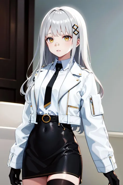 masterpiece, best quality, highres, aahachi, long hair, hair ornament, bandaid on nose, white shirt, black necktie, white jacket, open jacket, cropped jacket, long sleeves, black gloves, black skirt, high-waist skirt, belt, single thighhigh, <lora:hachi_v2:0.7>, cowboy shot, standing