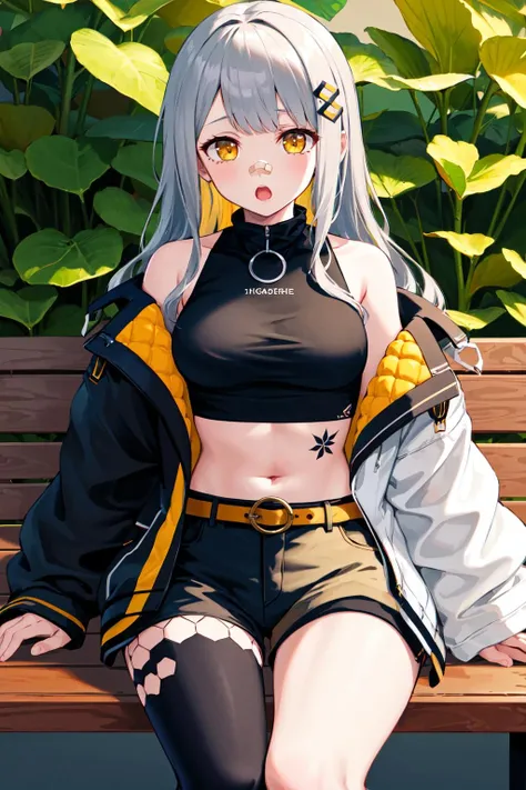 masterpiece, best quality, highres, aahachi, long hair, hair ornament, bandaid on nose, crop top, black shirt, off shoulder, tattoo, (multicolored jacket:1.1), open jacket, long sleeves, midriff, belt, (black shorts:1.1), black thighhighs, single thighhigh, <lora:hachi_v2:0.7>, sitting, :o. bench