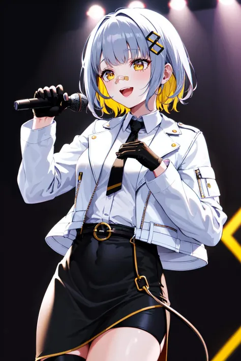 masterpiece, best quality, highres, bbhachi, short hair, multicolored hair, hair ornament, bandaid on nose, white shirt, black necktie, white jacket, open jacket, cropped jacket, long sleeves, black gloves, black skirt, high-waist skirt, belt, single thighhigh, <lora:hachi_v2:0.7>, standing, cowboy shot, smile, open mouth, stage, holding microphone,