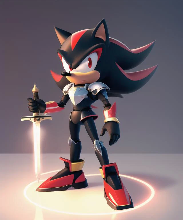 full body, Shadow the hedgehog, knight armor, holding sword,