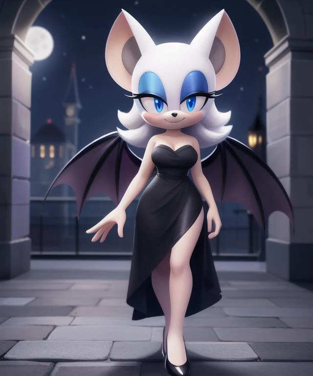 full body, rouge the bat, devil wings,seductive short translucent black dress, cobblestone,  full moon, at night, darkness