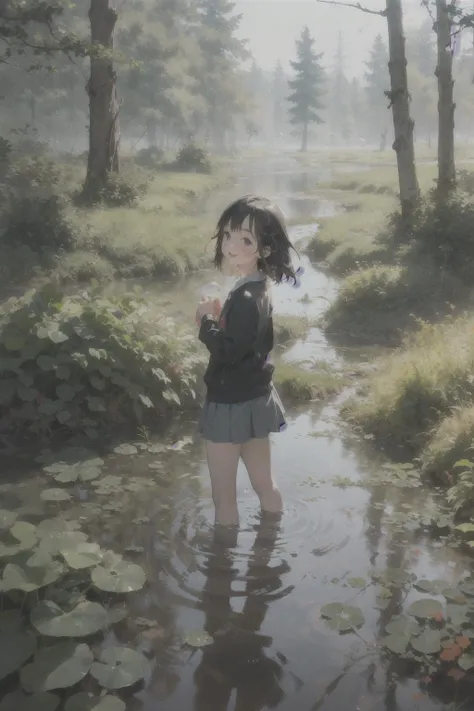 1girl,Stream,Moss,small pebble,Forest,Short Skirt,kid,Happy,Water,Bubble,paddy field, (agnes cecile:1.4)