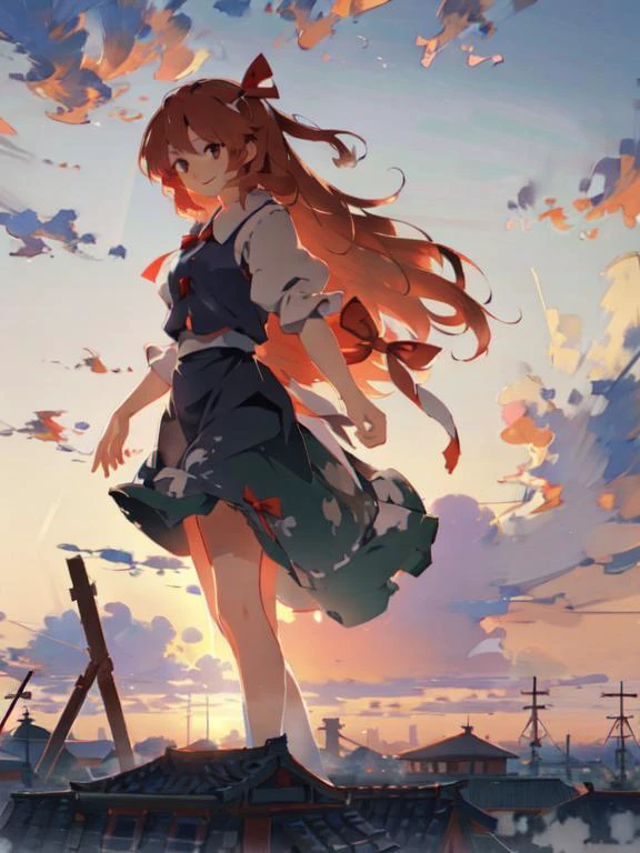 masterpiece, high quality, cinematic lighting, <lora:kusso_+++_v2:0.3>, touhou, cookie (touhou), smile, looking at viewer, long hair, red hair ribbon, 1girl, solo, painterly style, impressionism, beautiful sky, sunset, wind, <lora:wind:0.6>, flowing hair, <lora:sola7764-0.1-2-b30-bf16-D128-A1-1-ep64-768-DAdaptation-cosine:0.7>, <lora:tangbohu-line_1.0:-0.5>, giant girl, buildings, ruined town, clouds